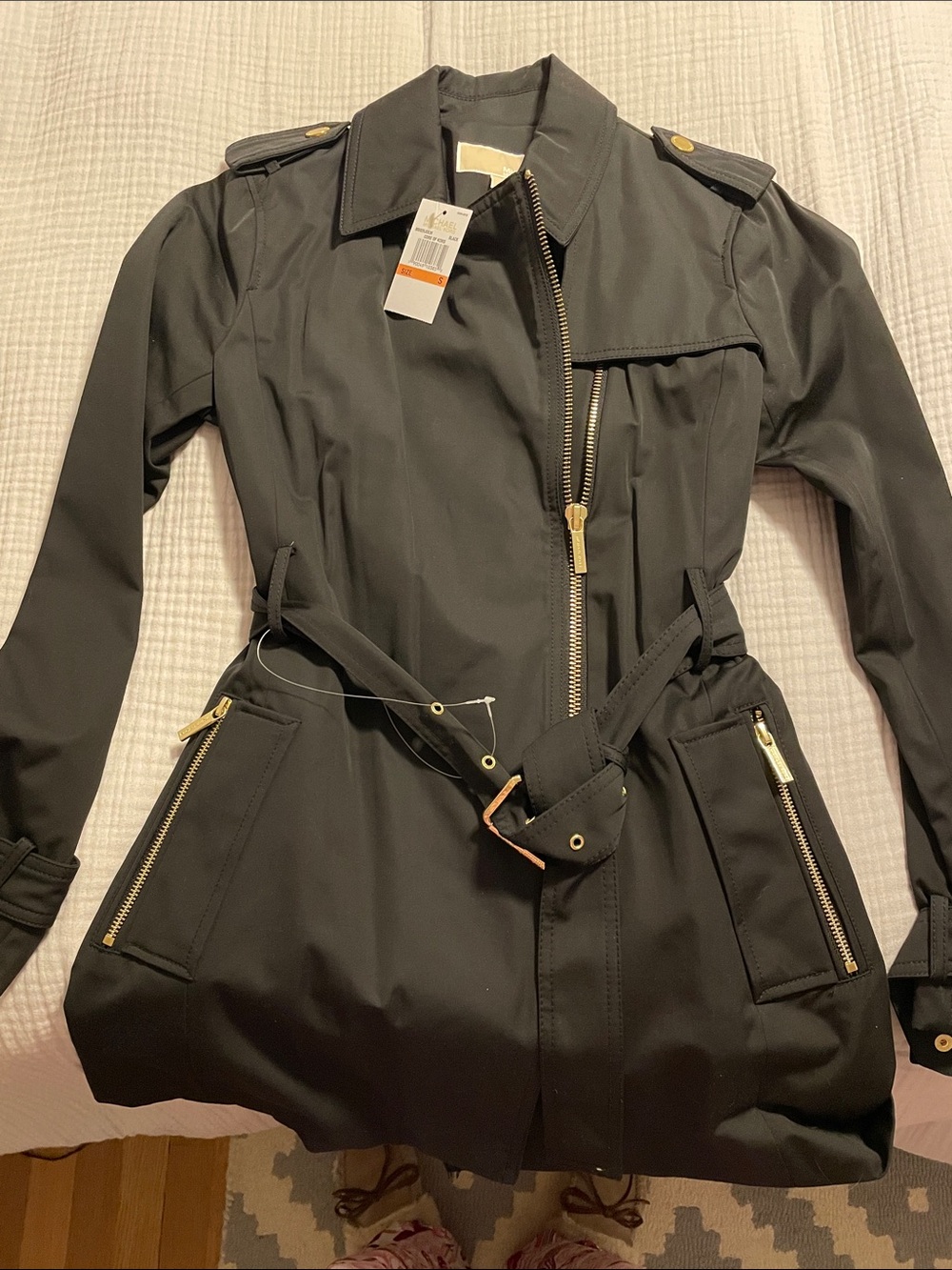 Michael Kors Black Trench Coat with Gold Hardware